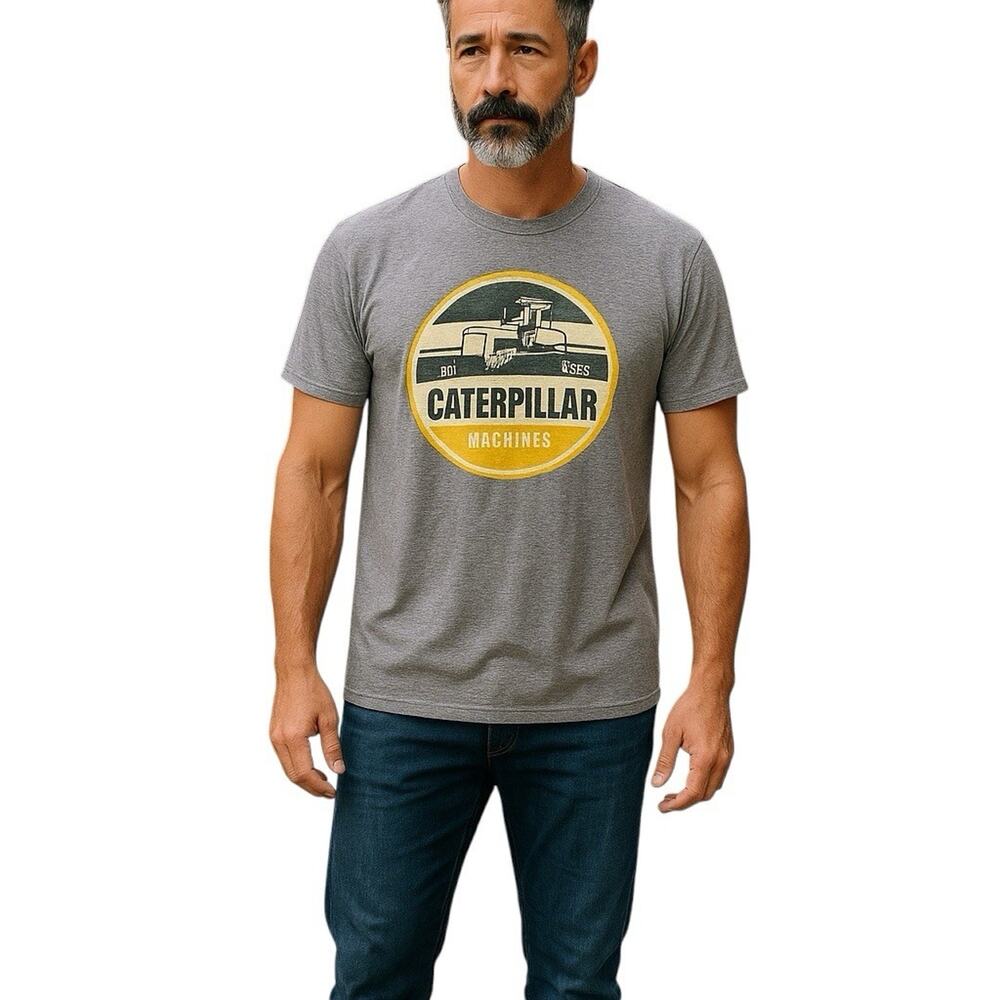 Caterpillar CAT Machines Green Yellow Round Graphic Logo T-shirt Gray Unisex XL